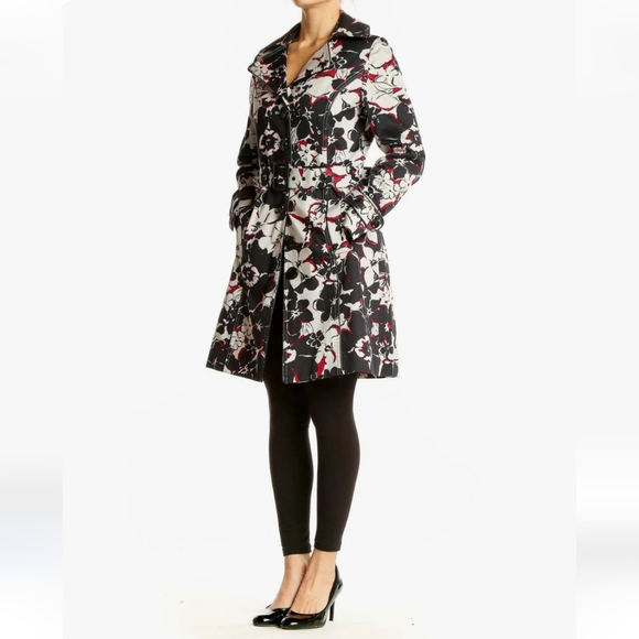 Jennifer Reale Design Chic Black White Red Floral Trench Coat  Size Medium - Picture 3 of 7